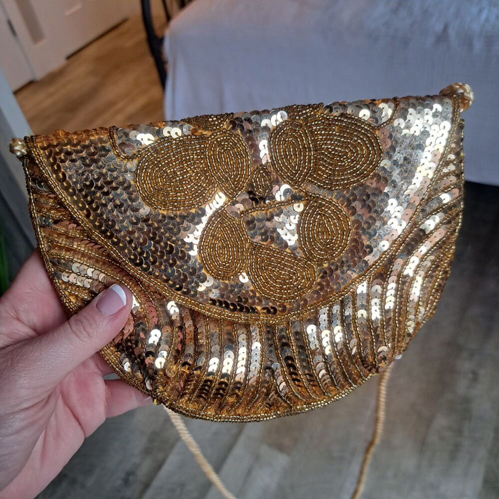 Vintage Jacques Levine Gold Sequin Sparkly Cocktail Party Bag Purse Clutch